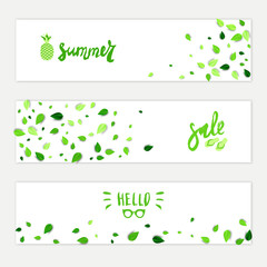 Vector creative summer horizontal banners set of scattered green 3d leaves foliage. Summer design. All isolated and layered