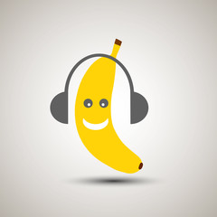 Yellow banana emoji listening to music with headset. Emoticon for apps. Banana fruit yellow happy smiley face with headset and music. Musical emoji.
