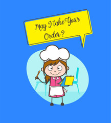 Cartoon Waitress Holding a Notepad with Speech Banner Vector Illustration