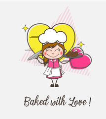 Cartoon Innocent Smiling Waitress Presenting Chicken Food Vector