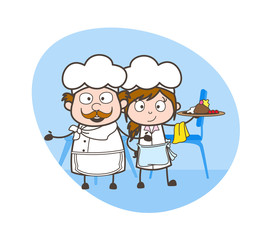 Cartoon Waitress and Chef Preparing Desert Vector Illustration
