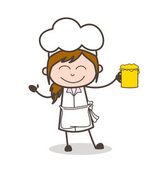 Cartoon Waitress Dancing with Glass of Beer Vector Illustration