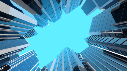Fototapeta na wymiar 3D illustration of modern corporate skyscrapers with reflective blue windows. The camera is looking straight at the sky.