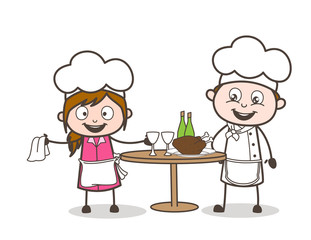 Cartoon Waitress with Chef Preparing Food on Table Vector Illustration