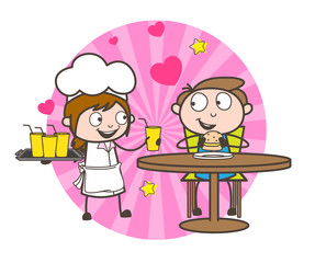 Cartoon Waitress and Boy Having Drink Together Vector Illustration