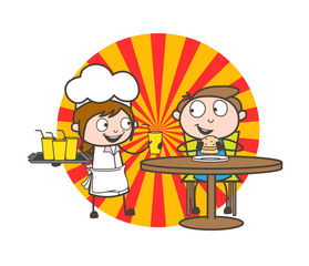 Cartoon Waitress Giving Drink to Customer Vector Illustration
