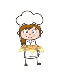 Cartoon Waitress Showing Pizza Food Vector Illustration