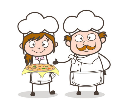Cartoon Waitress and Chef Presenting Pizza Vector Illustration