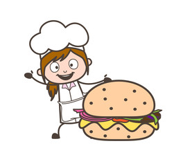 Cartoon Waitress Presenting a Large Hamburger Vector Illustration