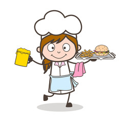 Cartoon Waitress with Snacks and Beer Glass Vector Illustration
