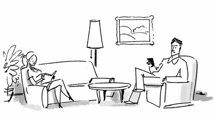 Husband and wife in the livingroom Vector sketch storyboard, projects, cartoon
