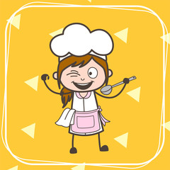 Cartoon Naughty Waitress Playing with Utensils Vector Illustration