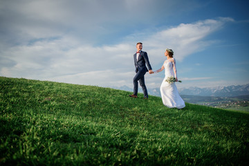Bride and groom walk on a green field before the mountains