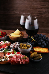 Italian antipasti wine snacks set. Cheese variety, Mediterranean