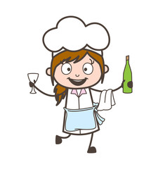 Cartoon Joyful Waitress Dancing with Wine Bottle and Glass Vector Illustration
