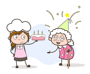Cartoon Granddaughter Chef Celebrating Grandma Birthday with Cake Vector Concept