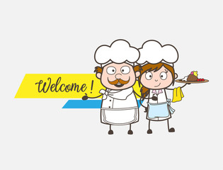 Cartoon Waitress and Chef Welcoming Vector Concept