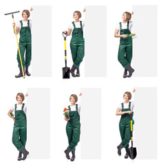 Fototapeta premium young smiling woman professional gardener holding the banner with empty copy space isolated on white background. advertisement blank board. gardening service and business concept. collage