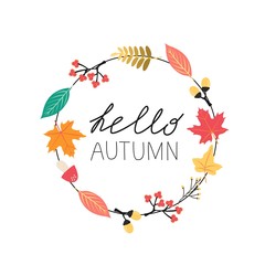 Minimalistic wreath of autumn leaves and handwriting "Hello, autumn".
