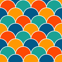 Bright fish scale wallpaper. Asian traditional ornament with repeated scallops. Seamless pattern with vivid semicircles.