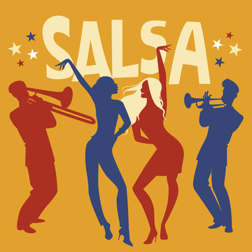 Silhouettes of two girls dancing salsa. Trumpeter and trombonist in the background.