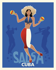 Beautiful girl dancing salsa with maracas. Retro style Cuba poster.