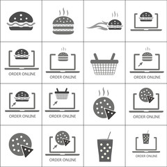Burger, pizza and drink vector icons set, order online illustration set