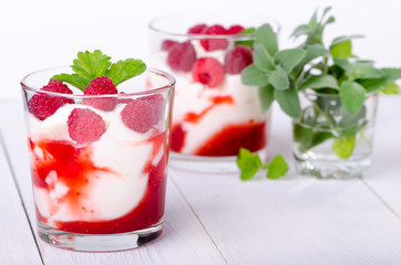 Summer dessert, parfait with raspberries