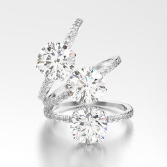 3D illustration three white gold or silver traditional engagement diamond rings with reflection © 3djewelry