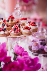 Pink peonies on table with sweets