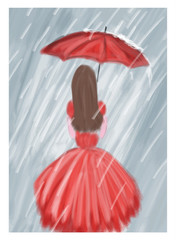 Red girl with umbrella in the rain