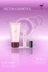 Brand. Make up set with lip gloss and face cream. Flamingo logo and text fields.