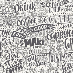 Seamless lettering coffee pattern with quotes. Hand drawn vector illustration - 168184770
