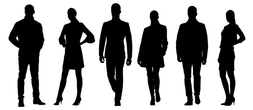 Set of businessmen vector silhouettes, group of men and women in formal dress