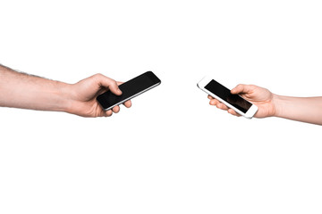 man and woman using smartphones