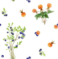 Seamless pattern repeated tile of watercolor berries
