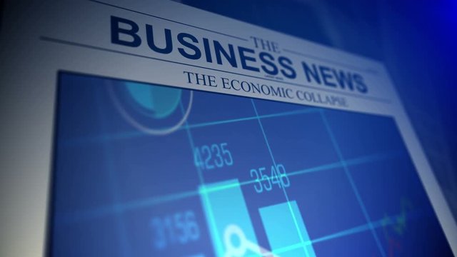 4K. Newspaper with business news titles and animation stock market charts.
