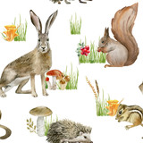 Seamless pattern repeated tile of watercolor animals
