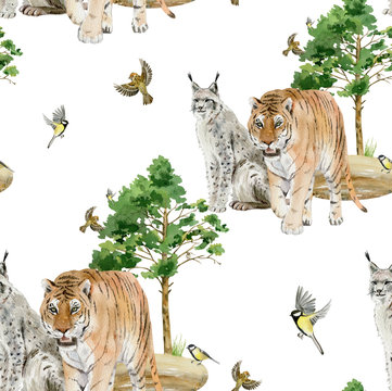 Seamless pattern repeated tile of watercolor animals