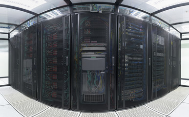 Panorama wide angle view modern interior of server room, Super Computer, Data center