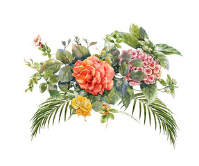 watercolor painting of leaves and flower, on white background