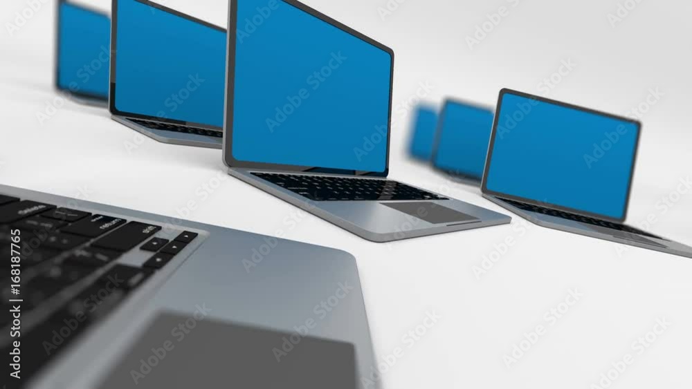 Poster 3d render of a lot of laptops in a row. loopable. depth of field.