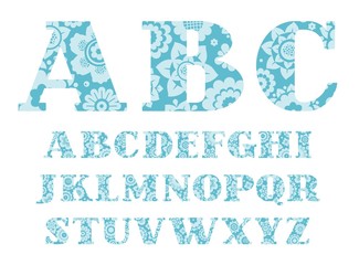 English font, blue flowers, vector. English alphabet. Capital letters with serifs. On the blue letters painted light blue decorative flowers.  