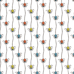 Halloween pattern with spiders. Bright seamless background. Textile or wrapping paper.