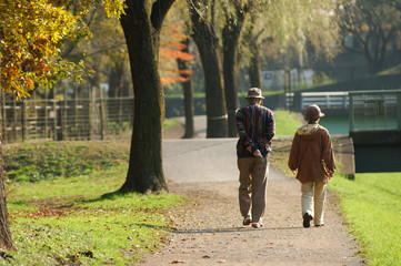 秋の公園を散歩する老夫婦