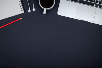 Minimal home office desk. Top view shot