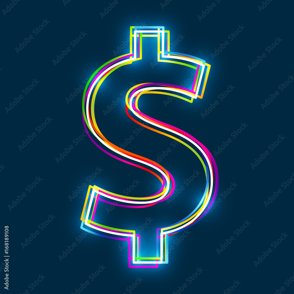 Poster dollar sign. multicolor outline symbol with glowing effect on blue background. vector eps10