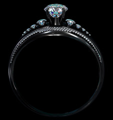 Black gold engagement ring with diamond gem. Luxury jewellery bijouterie with rhodium or ruthenium coating with gemstone. Bottom of ring in shade. Family ring.
