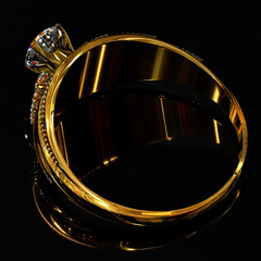 Gold ring with diamond gem jewelry. Luxury jewellery bijouterie with crystal gemstone for people in love. Frontal view and reflection on black background. 3D rendering. Ancient tiara.