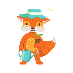 Cute orange fox gardener character, funny cartoon forest animal posing with watering can and flower pot vector Illustration